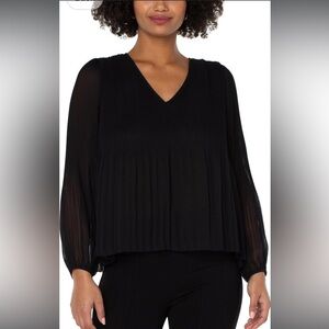 Liverpool Black Women's V-Neck Long Sleeve Pleated Top Medium NWT